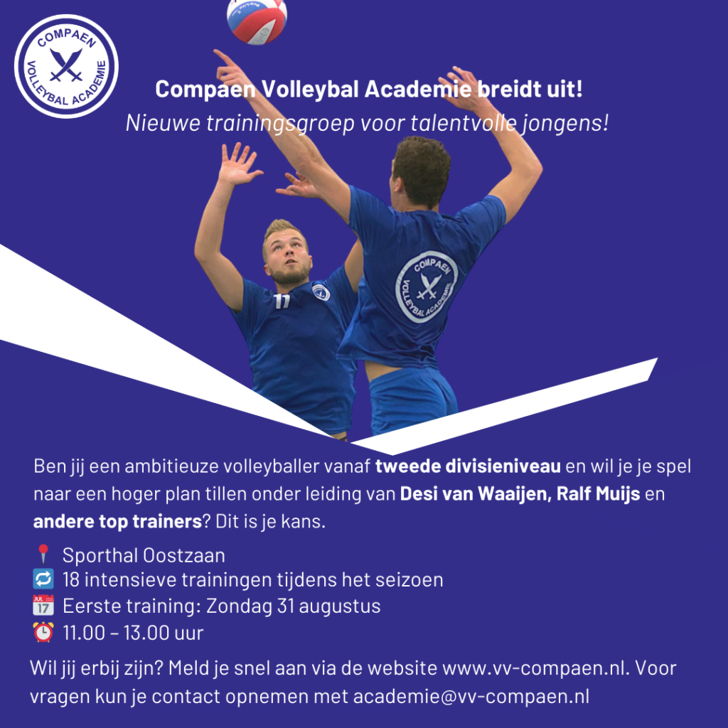 Nieuwe trainingsgroep voor talentvolle jongens bij de Compaen Volleybal Academie